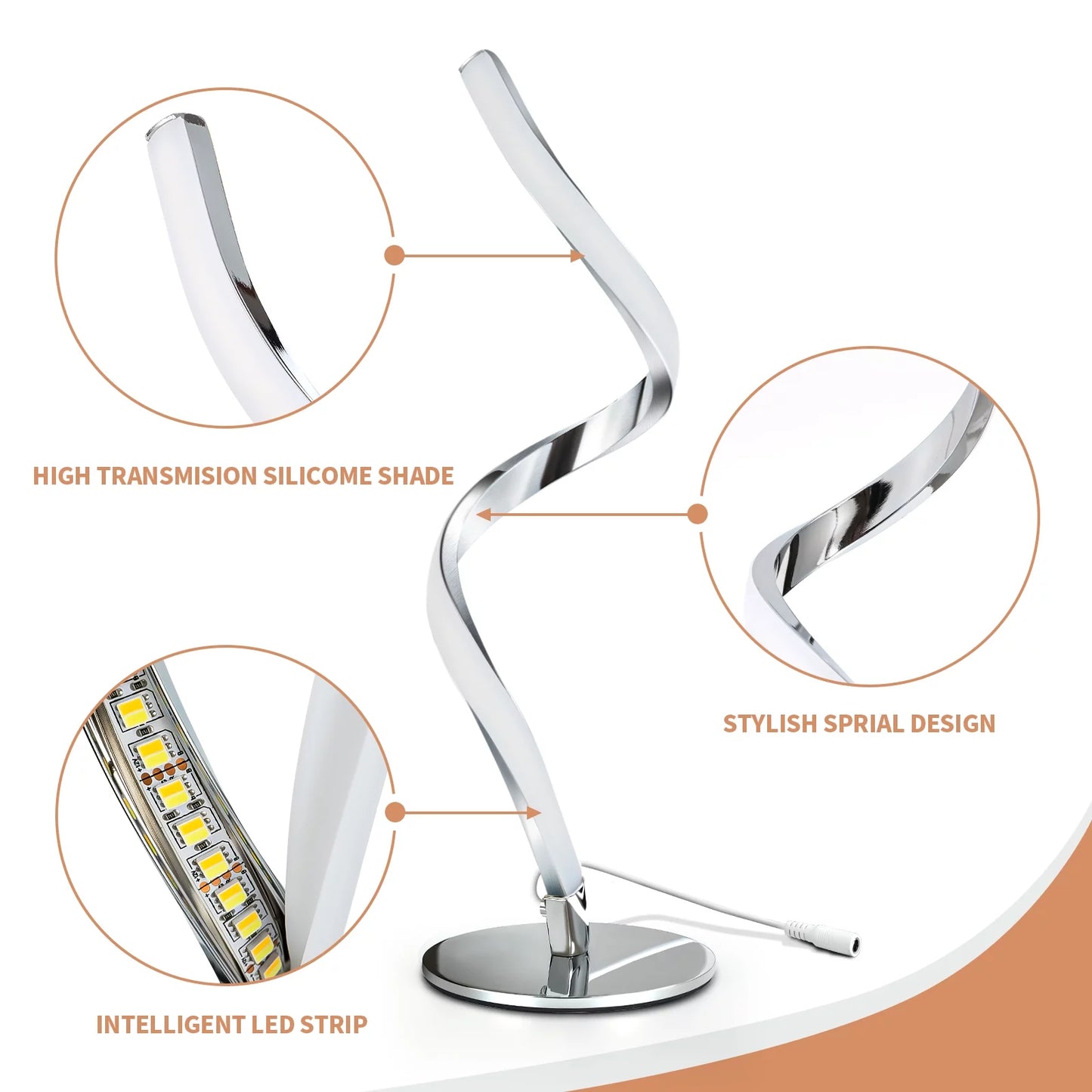 Modern Spiral Table Lamp - Touch Control Bedside Lamp, 3 Colors & Fully Stepless Dimmable Nightstand Lamps for Bedroom, Living Room & Office(3000K 4000K 5000K)